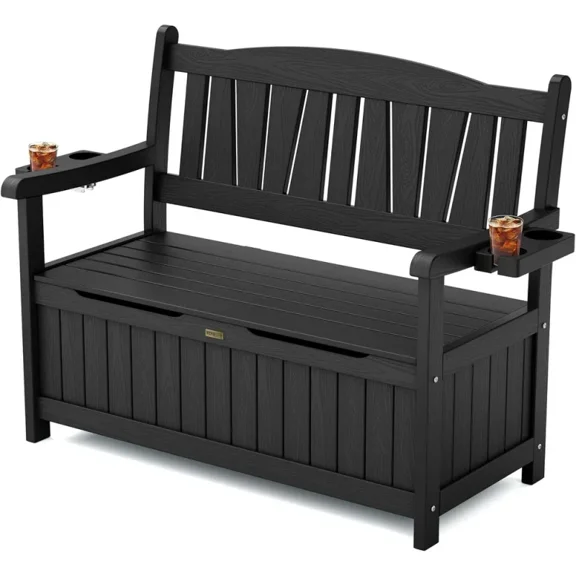 WINSOON All-Weather HIPS Patio Bench, 56 Inch Adirondack Garden Bench with Hidden Double Cup Holders, 800 lbs Weight Capacity-Black