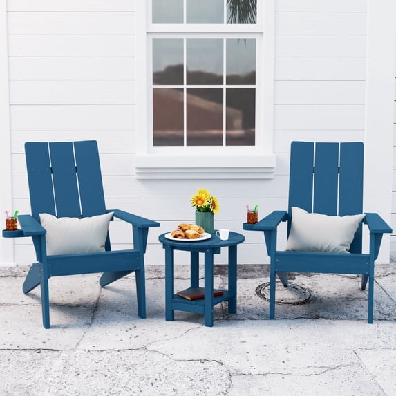 WINSOON Cup-Holder Adirondack Chair and Table Set 3 PCS Outdoor Patio Chairs, Navy Blue