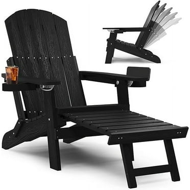 WINSOON Folding Adirondack Chair Five-Gear Adjustable Backrest, Adirondack Retractable Ottoman, Weather Resistant with 2 Cup-Holder for Outdoor, Fire Pit, Patio, Garden, Lawn, 380lbs(Black)