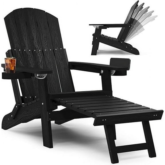 WINSOON Folding Adirondack Chair Five-Gear Adjustable Backrest, Adirondack Retractable Ottoman, Weather Resistant with 2 Cup-Holder for Outdoor, Fire Pit, Patio, Garden, Lawn, 380lbs(Black)