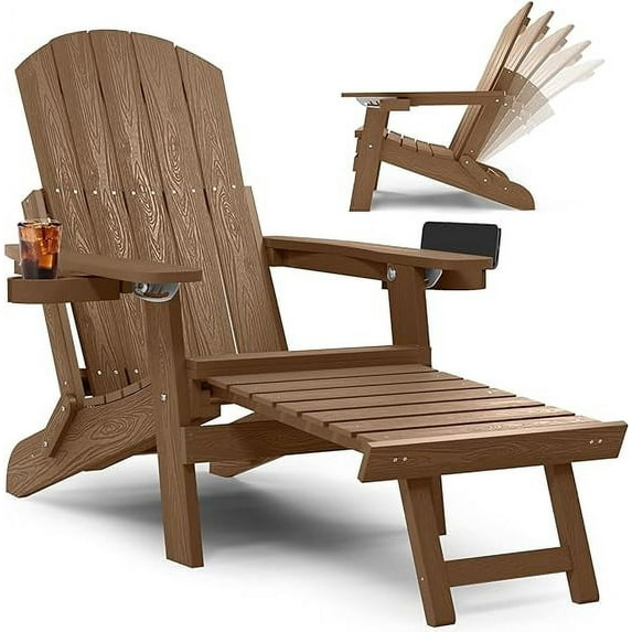 WINSOON Folding Adirondack Chair Five-Gear Adjustable Backrest, Adirondack Retractable Ottoman, Weather Resistant with 2 Cup-Holder for Outdoor, Fire Pit, Patio, Garden, Lawn, 380lbs(Teak)