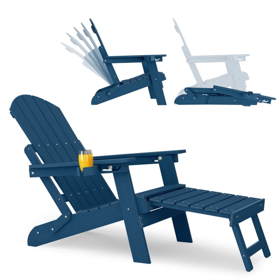 WINSOON Folding Adirondack Chair Five-Gear Adjustable Backrest, Adirondack Retractable Ottoman, Weather Resistant with Cup-Holder for Outdoor, Fire Pit, Patio, Garden, Lawn, 380lbs(Navy)