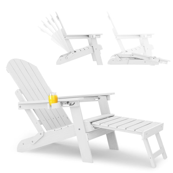 WINSOON Folding Adirondack Chair Five-Gear Adjustable Backrest, Adirondack Retractable Ottoman, Weather Resistant with Cup-Holder for Outdoor, Fire Pit, Patio, Garden, Lawn, 380lbs(White)