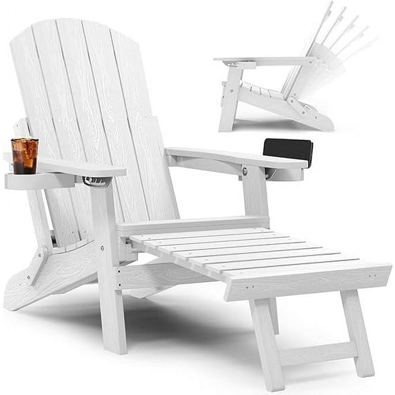 WINSOON Folding Adirondack Chair Five-Gear Adjustable Backrest, Adirondack Retractable Ottoman, Weather Resistant with 2 Cup-Holder for Outdoor, Fire Pit, Patio, Garden, Lawn, 380lbs(White)