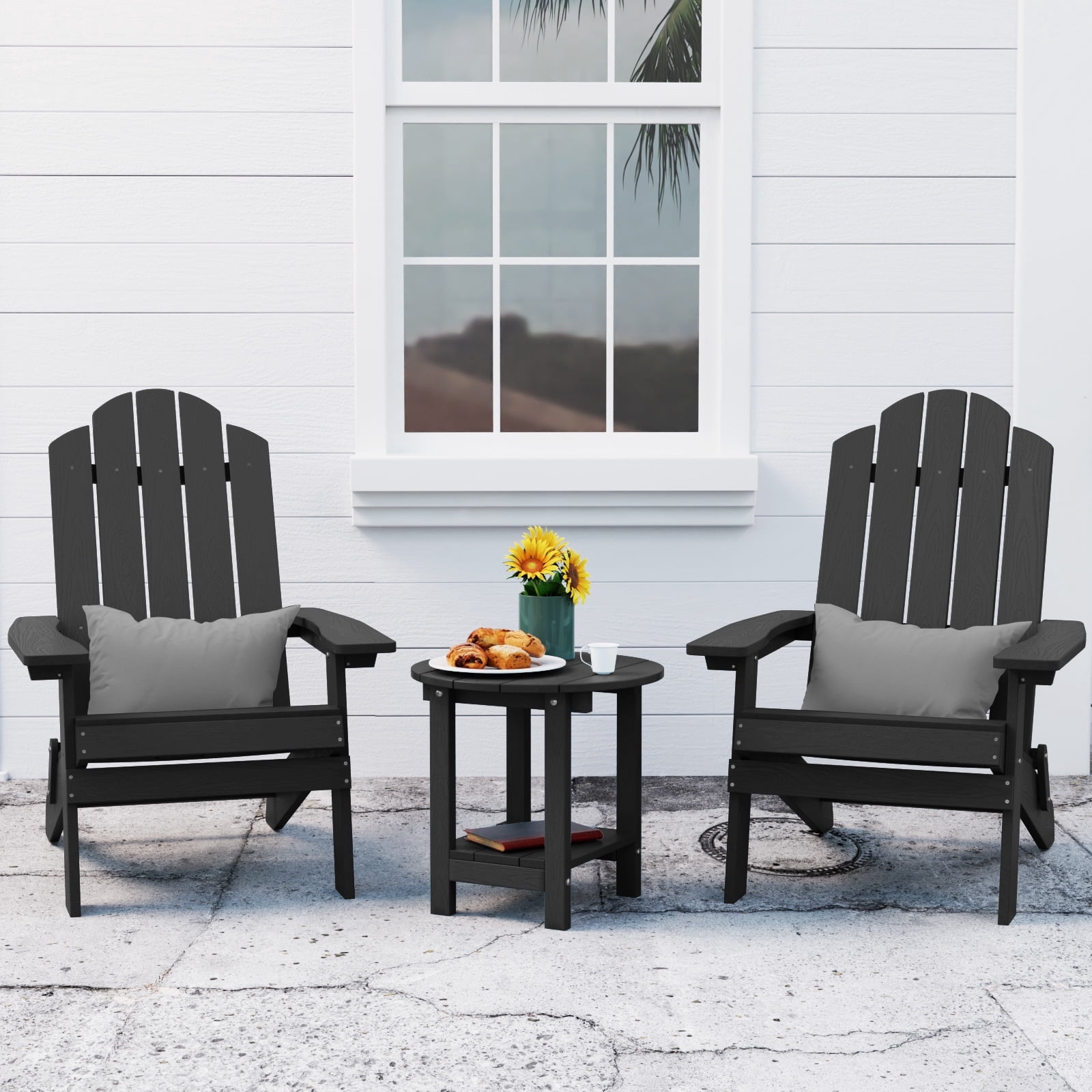 WINSOON Folding Adirondack Chair and Table Set 3 PCS Garden Outdoor Patio, Black Finish