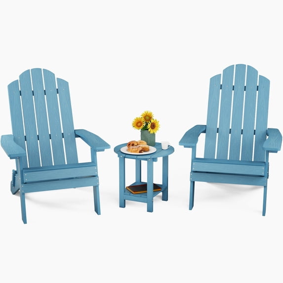 WINSOON Folding Adirondack Chair and Table Set 3 PCS Garden Outdoor Patio Chairs, Blue Finish