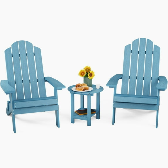 WINSOON Folding Adirondack Chair and Table Set 3 PCS Garden Outdoor Patio Chairs, Blue Finish