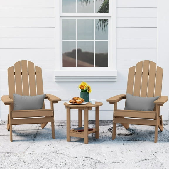 WINSOON Folding Adirondack Chair and Table Set 3 PCS Garden Outdoor Patio Chairs, Teak Finish