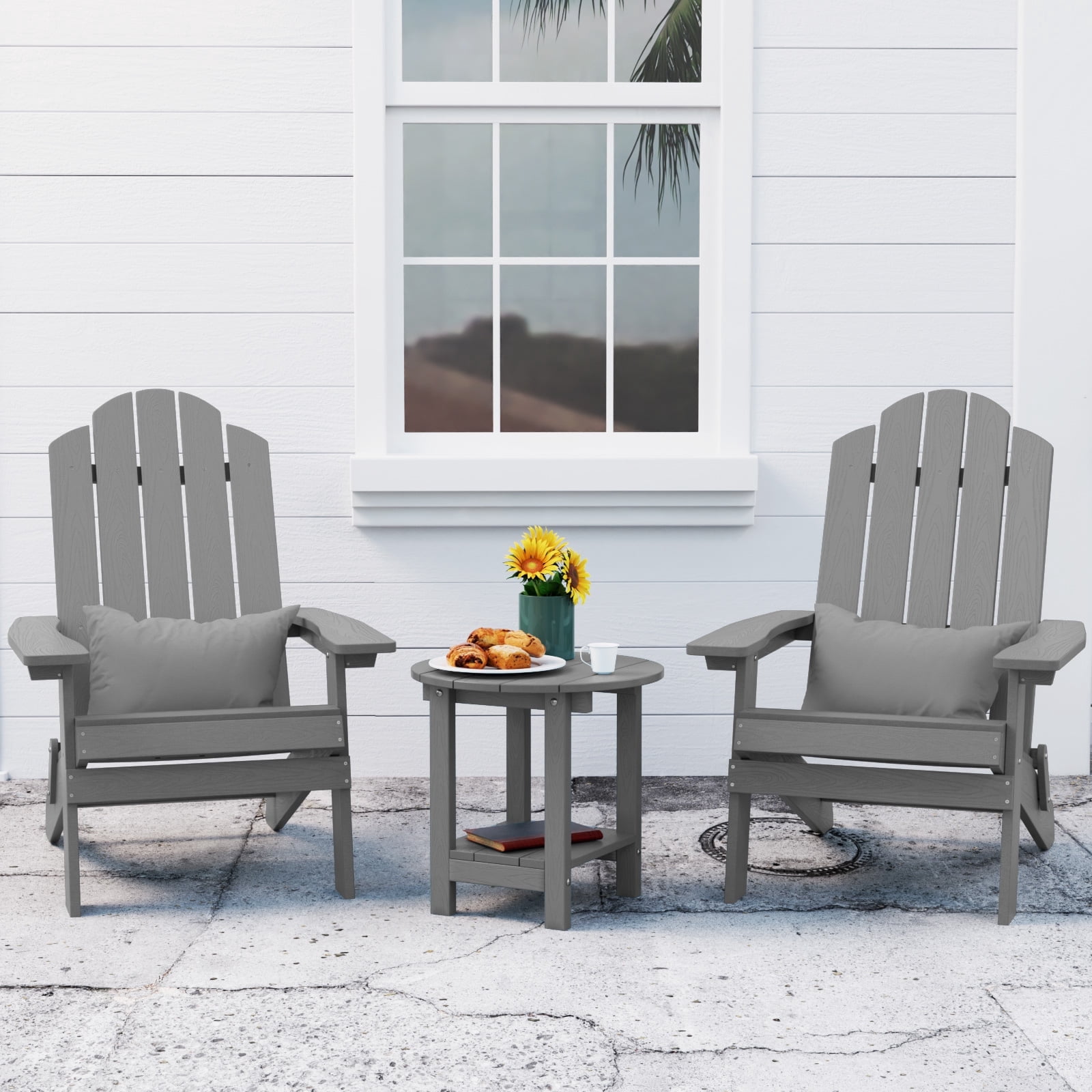 WINSOON Folding Adirondack Chair and Table Set 3 PCS Garden Outdoor Patio , Grey Finish
