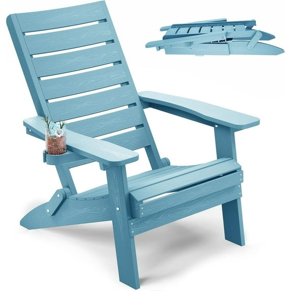 WINSOON HIPS Folding Adirondack Chairs with Arc Back & Cup Holder-Teak