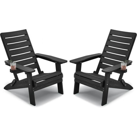WINSOON HIPS Folding Adirondack Chairs with Arc Back & Cup Holder Set Of 2-Black