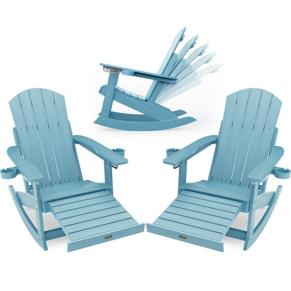 WINSOON HIPS Outdoor Rocking Chair with Adjustable Backrest and Retractable Ottoman-Set of 2-Blue