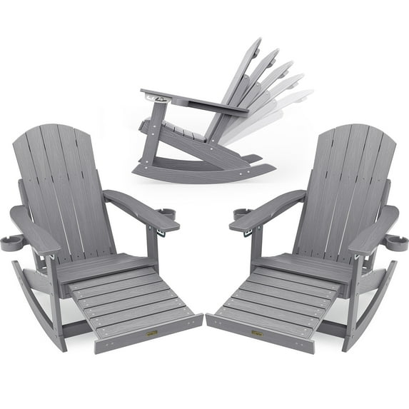 WINSOON HIPS Outdoor Rocking Chair with Adjustable Backrest and Retractable Ottoman-Set of 2-Gray