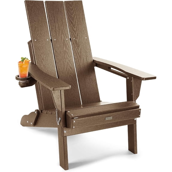 WINSOON Modern HDPE Outdoor Folding Adirondack Chair With Cup Holder,Teak