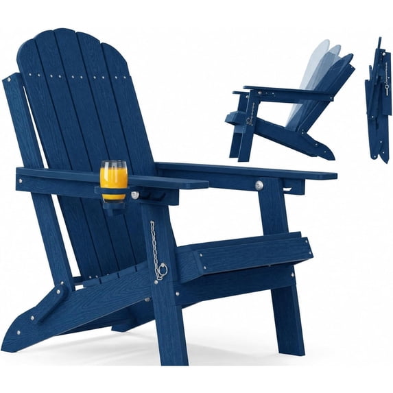 WINSOON Outdoor All-Weather HDPE Folding Adirondack Chair with Cup Holder & Adjustable Backrest, Easy to Install & Clean, Ideal for Garden, Yard & Patio