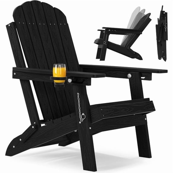 WINSOON Outdoor All-Weather HDPE Folding Adirondack Chair with Cup Holder & Adjustable Backrest, Easy to Install & Clean, Ideal for Garden, Yard & Patio