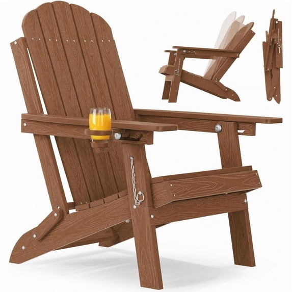 WINSOON Outdoor All-Weather HDPE Folding Adirondack Chair with Cup Holder & Adjustable Backrest, Easy to Install & Clean, Ideal for Garden, Yard & Patio