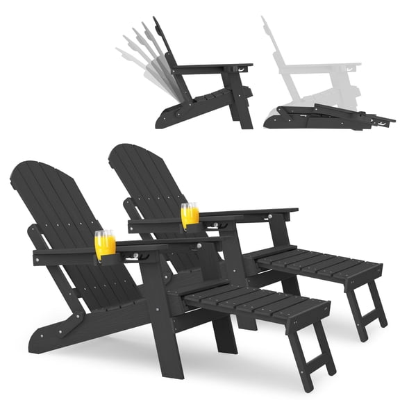 WINSOON Set of 2 Folding Adirondack Chair with Adjustable Backrest and Retractable Ottoman-Black