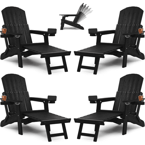 WINSOON Set of 4 Folding Adirondack Chair,Five-Gear Adjustable Backrest Chairs and Retractable Ottoman - Black