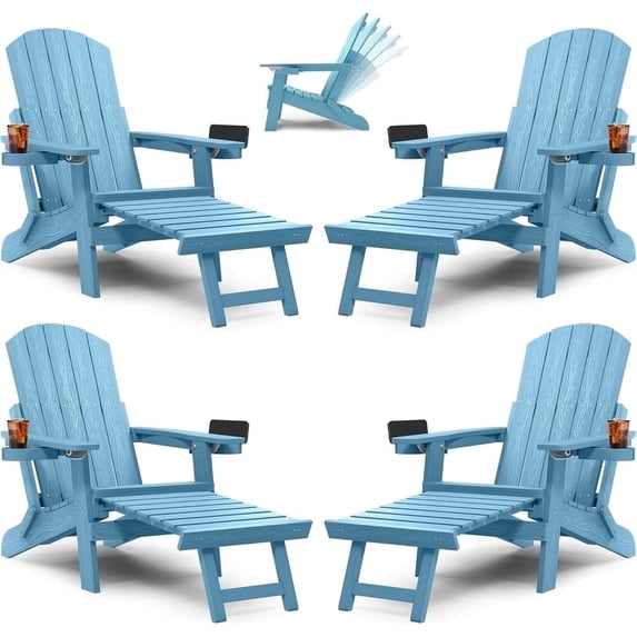 WINSOON Set of 4 Folding Adirondack Chair,Five-Gear Adjustable Backrest Chairs and Retractable Ottoman - Blue