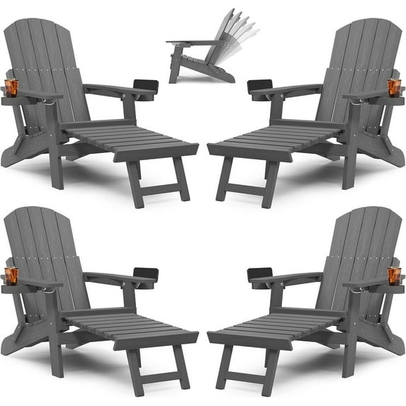 WINSOON Set of 4 Folding Adirondack Chair,Five-Gear Adjustable Backrest Chairs and Retractable Ottoman - Gray
