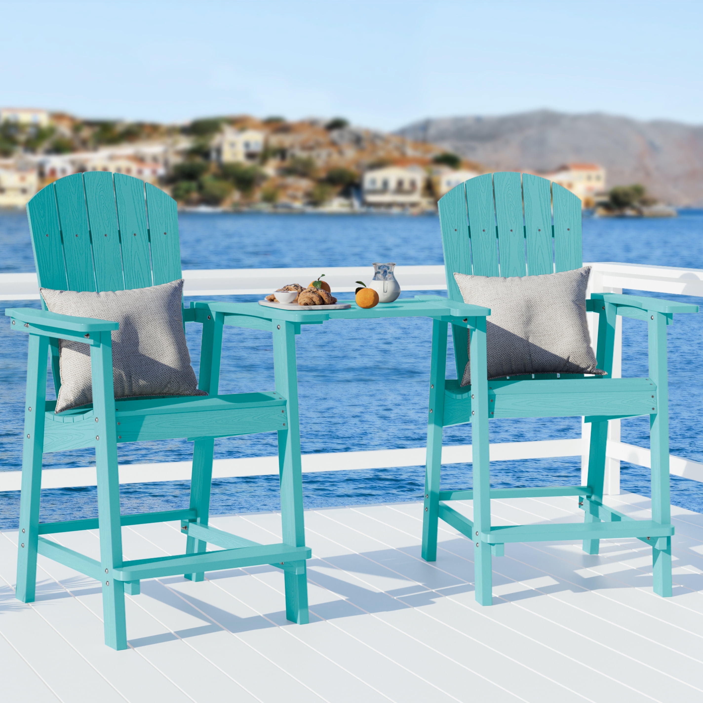 WINSOON Tall Adirondack Chair Set of 2 with Connecting Tray,Outdoor Bar Stools-Baby Blue