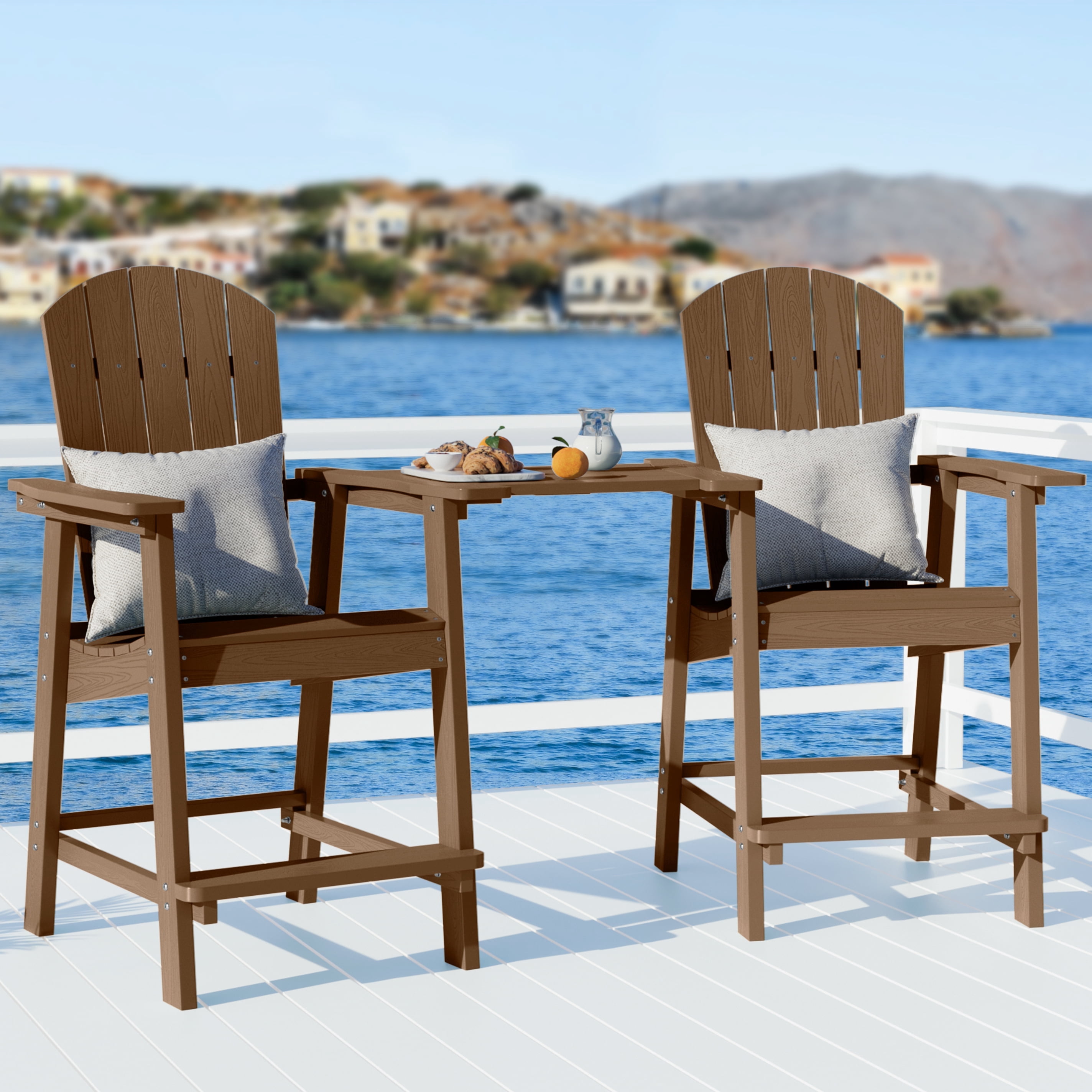 WINSOON Tall Adirondack Chair Set of 2 with Connecting Tray,Outdoor Bar Stools-Brown
