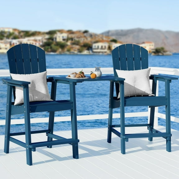WINSOON Tall Adirondack Chair Set of 2 with Connecting Tray,Outdoor Bar Stools-Navy