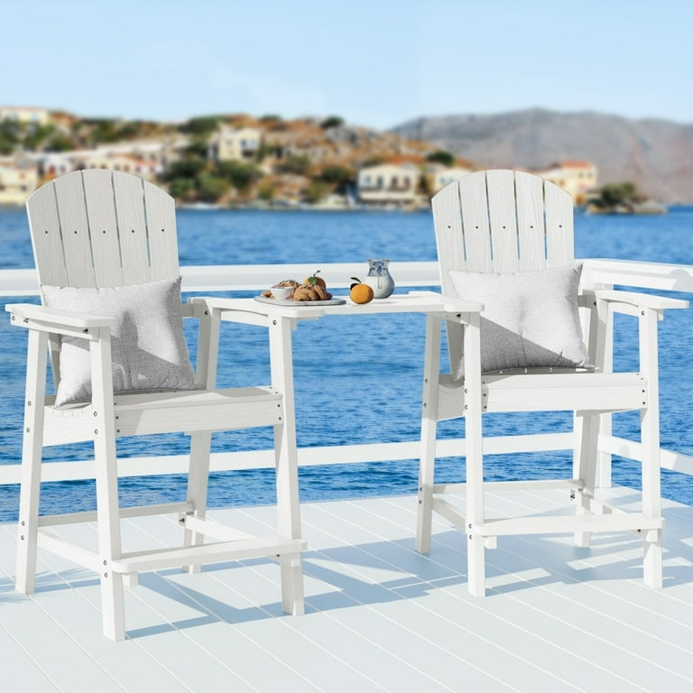 WINSOON Tall Adirondack Chair Set of 2 with Connecting Tray Outdoor Bar Stools White