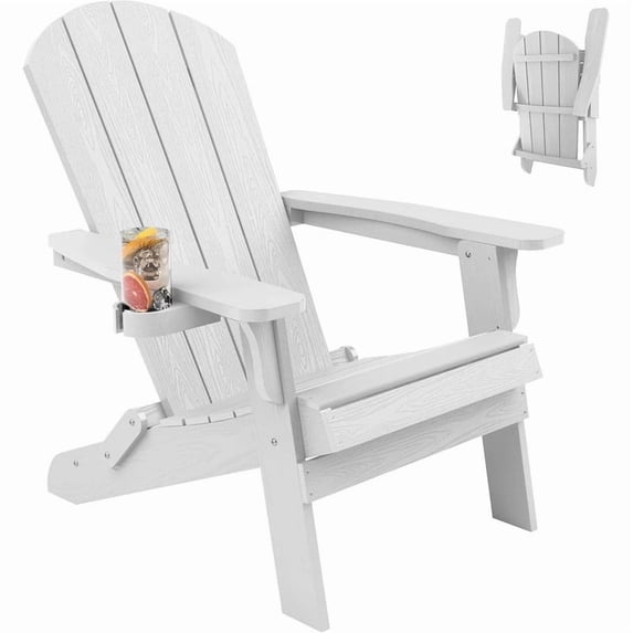 WINSOON All Weather HIPS Folding Oversized Adirondack Chair:Outdoor Chair with Realistic Wood Texture, Heavy Duty Weight Capacity, for Cup Holder for Patio, Yard & Garden