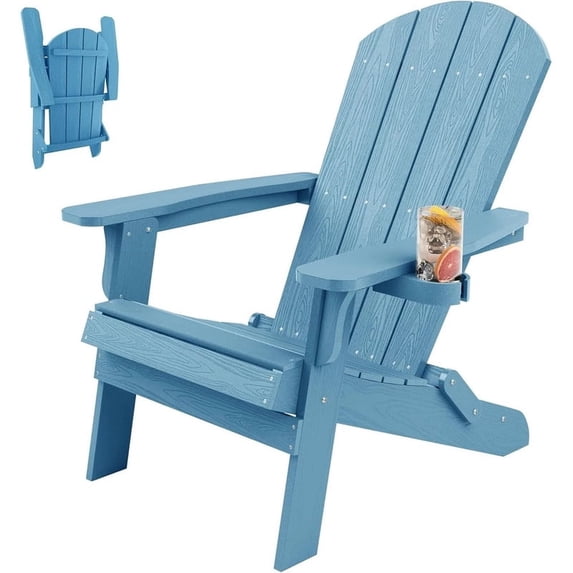 WINSOON All Weather HIPS Folding Oversized Adirondack Chair:Outdoor Chair with Realistic Wood Texture, Heavy Duty Weight Capacity, for Cup Holder for Patio, Yard & Garden