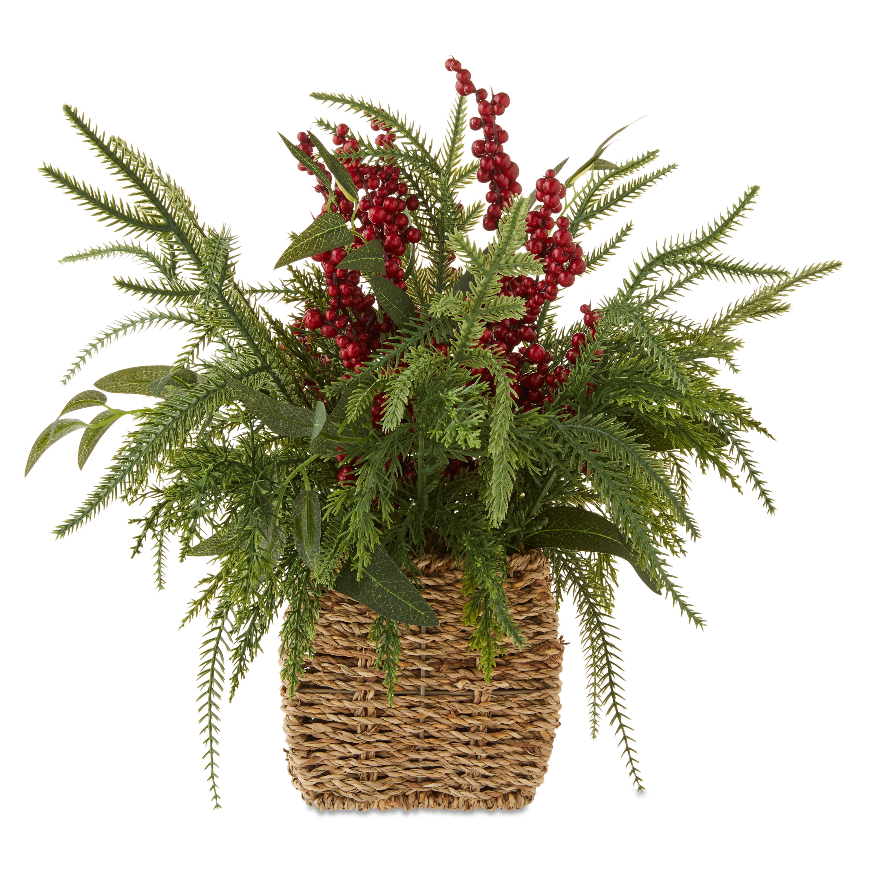 Winter Floral Basket with Berries Christmas Tabletop Decoration, Green and Red, 15", by Holiday Time