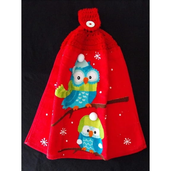WINTER OWL ON THE BRANCH/POM POM HAT-DOUBLE SIDED HANGING KITCHEN TOWEL