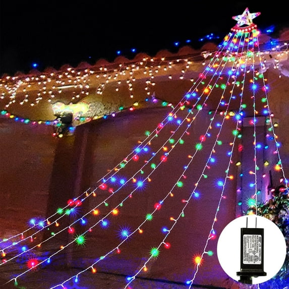 FoikYoik Waterfall Christmas Tree Lights 350 LED Waterfall Lights with Star Topper 9 Strands 11.5FT 8 Modes Timer for Yard Party Home Holiday Multicolor