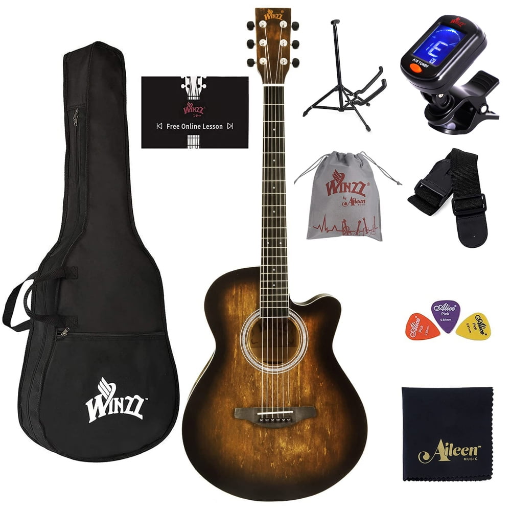 WINZZ 40 Inches Cutaway Acoustic Guitar Beginner Starter Bundle with