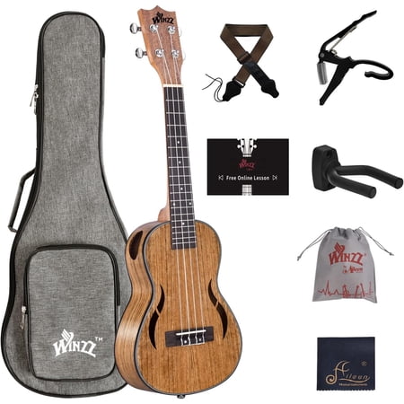 WINZZ Walnut Concert Ukulele Side Sound Hole Arched Back with Online Lessons, Gig Bag, Strap, Capo, Wall Hanger, 23 Inches