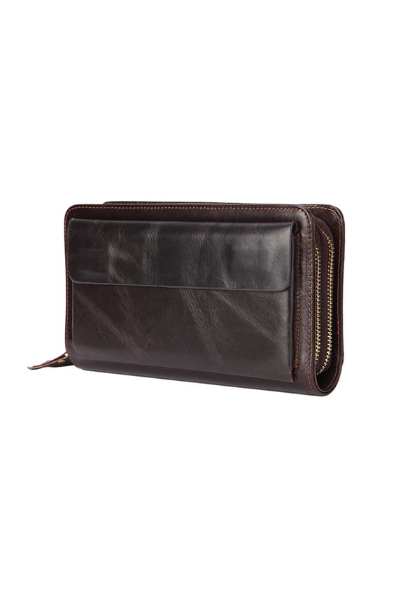 Brown Men's Long Leather Wallet, First Layer Cowhide Fashion Clutch Bag, Large Capacity Multi-function Card Bag, Double Zipper Business Bag. (Dark brown) A101