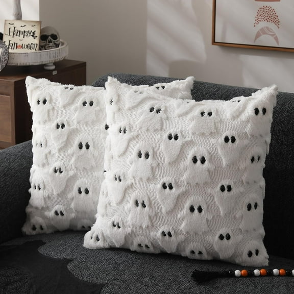 WIOMEASK Ghost Pillowcases Set of 2 White Halloween Throw Pillowcases Soft Plush Cute Spooky Sofa Cushion Covers for Home Decor Sofa Bedroom Living Room