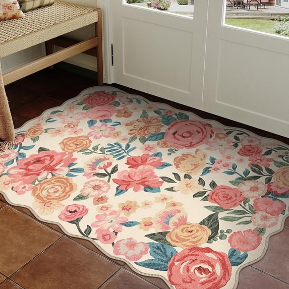 WIP0NKEN 2x3 Floral Area Rugs Machine Washable Non-Slip Botanical Scalloped Rug for Living Room Bedroom, Modern Farmhouse Floor Mat with Vintage Flowers Pattern, Home Decor Indoor Low Pile Beige
