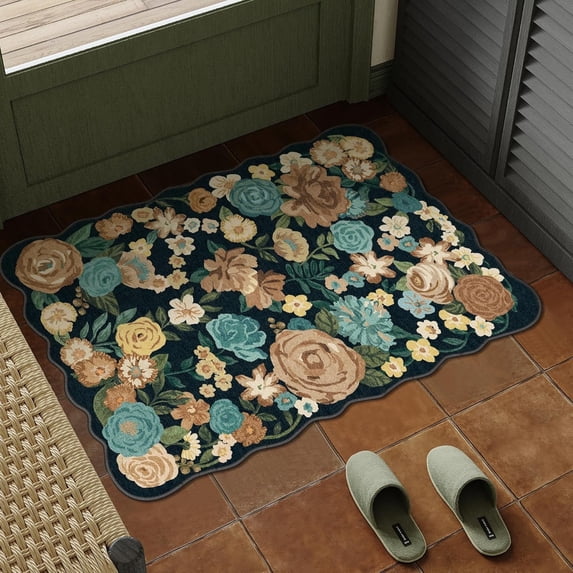WIP0NKEN 2x3 Floral Area Rugs Machine Washable Non-Slip Botanical Scalloped Rug for Living Room Bedroom, Modern Farmhouse Floor Mat with Vintage Flowers Pattern, Home Decor Indoor Low Pile Black