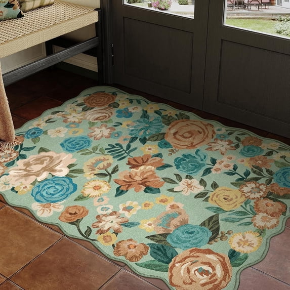 WIP0NKEN 2x3 Floral Area Rugs Machine Washable Non-Slip Botanical Scalloped Rug for Living Room Bedroom, Modern Farmhouse Floor Mat with Vintage Flowers Pattern, Home Decor Indoor Low Pile Green
