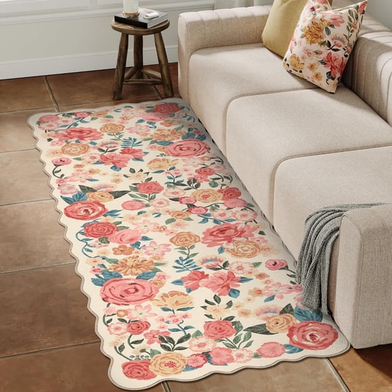 WIPONKEN 2x6 Floral Area Rugs Machine Washable Non-Slip Botanical Scalloped Rug for Living Room Bedroom, Modern Farmhouse Floor Mat with Vintage Flowers Pattern, Home Decor Indoor Low Pile Beige