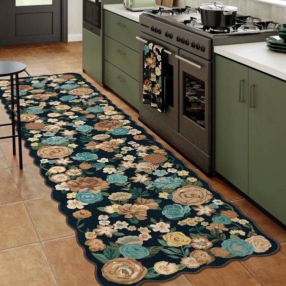 WIPONKEN 2x8 Floral Area Rugs Machine Washable Non-Slip Botanical Scalloped Rug for Living Room Bedroom, Modern Farmhouse Floor Mat with Vintage Flowers Pattern, Home Decor Indoor Low Pile Black