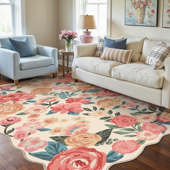 WIPONKEN 3x5 Floral Area Rugs Machine Washable Non-Slip Botanical Scalloped Rug for Living Room Bedroom, Modern Farmhouse Floor Mat with Vintage Flowers Pattern, Home Decor Indoor Low Pile Beige