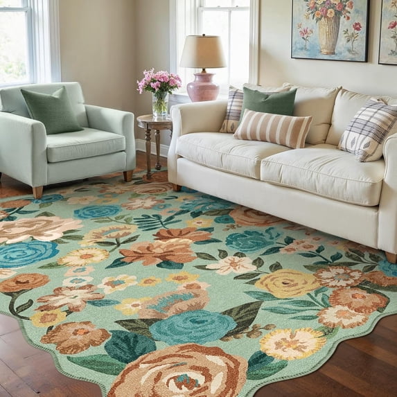 WIPONKEN 5x7 Floral Area Rugs Machine Washable Non-Slip Botanical Scalloped Rug for Living Room Bedroom, Modern Farmhouse Floor Mat with Vintage Flowers Pattern, Home Decor Indoor Low Pile Green
