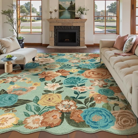 WIPONKEN 8x10 Floral Area Rugs Machine Washable Non-Slip Botanical Scalloped Rug for Living Room Bedroom, Modern Farmhouse Floor Mat with Vintage Flowers Pattern, Home Decor Indoor Low Pile Green