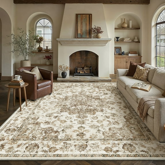 WIPOKEN 9x12 Area Rugs for Living Room Bedroom Dining Room Office Farmhouse, Machine Washable Non Slip Vintage Persia Rug Brown