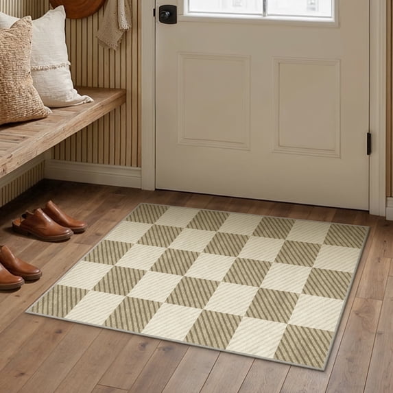 WIPONKEN 2'x3' Small Area Rug for Entryway Laundry Bathroom Bedroom Entrance Kitchen Dorm Checkered Rugs Non-Slip Washable Brown Geometric Modern Contemporary Carpet Soft Indoor Door Mat