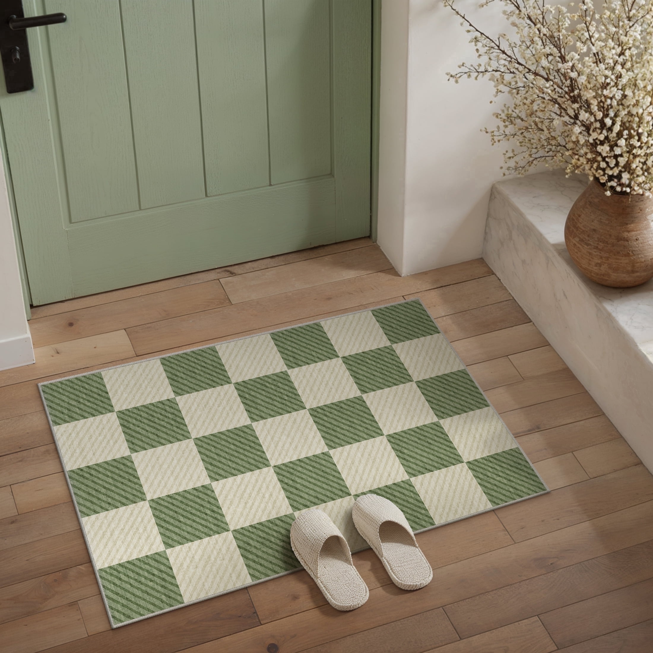 WIPONKEN 2'x3' Small Area Rug for Entryway Laundry Bathroom Bedroom Entrance Kitchen Dorm Checkered Rugs Non-Slip Washable Green Geometric Modern Contemporary Carpet Soft Indoor Door Mat