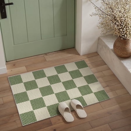WIPONKEN 2'x3' Small Area Rug for Entryway Laundry Bathroom Bedroom Entrance Kitchen Dorm Checkered Rugs Non-Slip Washable Green Geometric Modern Contemporary Carpet Soft Indoor Door Mat